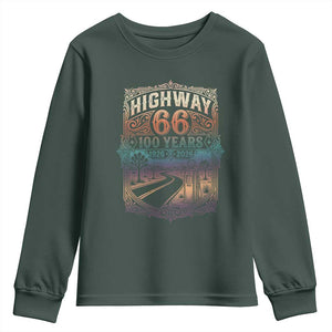 Highway 66 100 Years of the Mother Road Youth Sweatshirt Centennial 1926-2026 Desert Oasis Retro Rainbow Graphic TS02 Dark Forest Green Print Your Wear