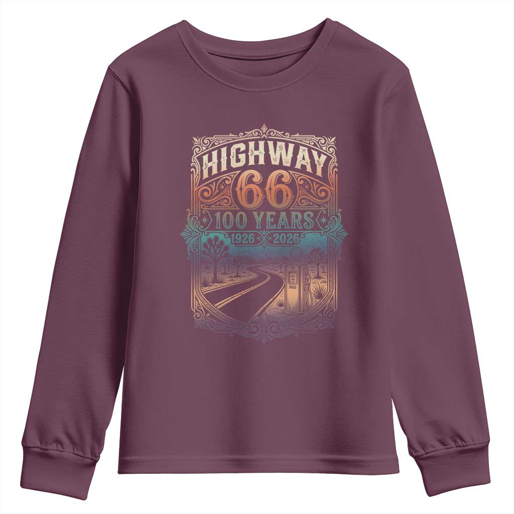 Highway 66 100 Years of the Mother Road Youth Sweatshirt Centennial 1926-2026 Desert Oasis Retro Rainbow Graphic TS02 Maroon Print Your Wear