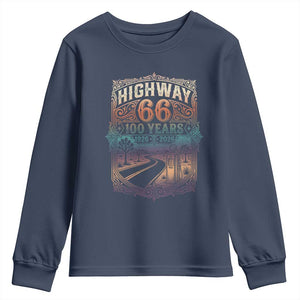 Highway 66 100 Years of the Mother Road Youth Sweatshirt Centennial 1926-2026 Desert Oasis Retro Rainbow Graphic TS02 Navy Print Your Wear