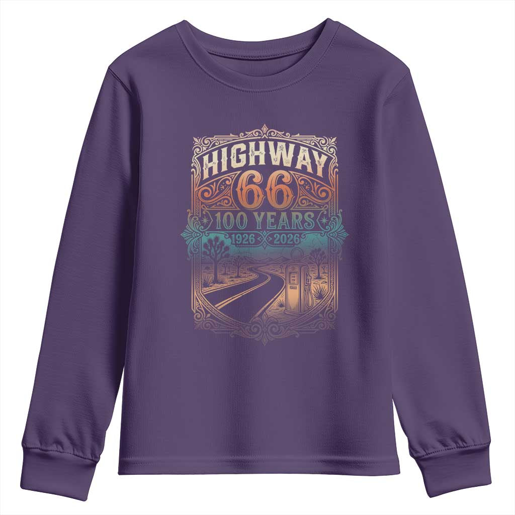 Highway 66 100 Years of the Mother Road Youth Sweatshirt Centennial 1926-2026 Desert Oasis Retro Rainbow Graphic TS02 Purple Print Your Wear