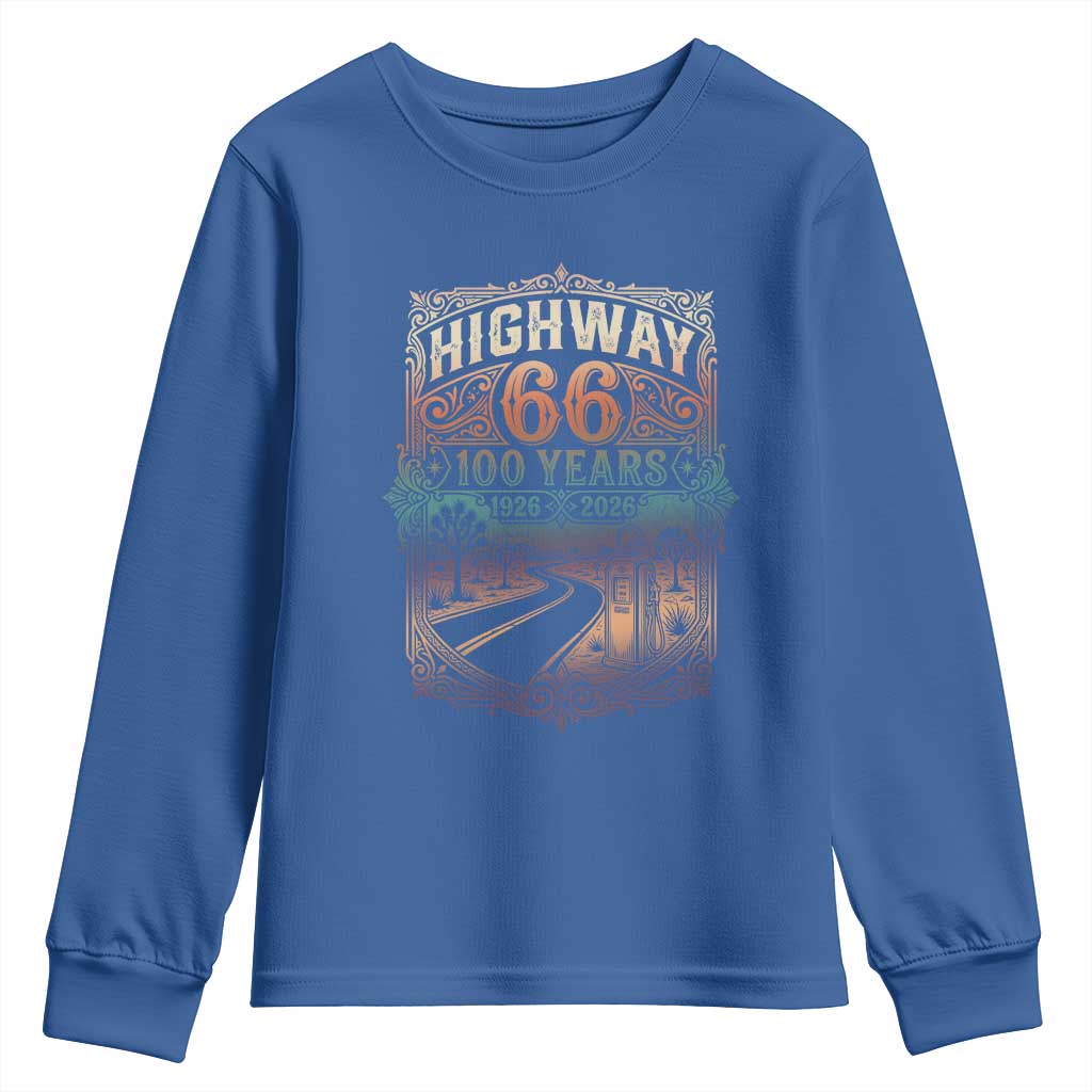 Highway 66 100 Years of the Mother Road Youth Sweatshirt Centennial 1926-2026 Desert Oasis Retro Rainbow Graphic TS02 Royal Blue Print Your Wear