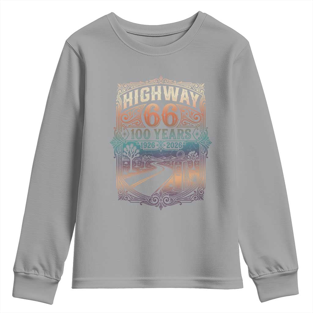 Highway 66 100 Years of the Mother Road Youth Sweatshirt Centennial 1926-2026 Desert Oasis Retro Rainbow Graphic TS02 Sport Gray Print Your Wear