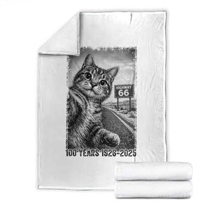 Funny Road Trip Cat Selfie with Highway 66 Throw Blanket Centennial 1926-2026 Historic Highway Humor TS02 White Print Your Wear