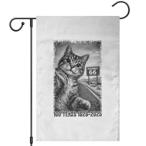 Funny Road Trip Cat Selfie with Highway 66 Garden Flag Centennial 1926-2026 Historic Highway Humor TS02 White Print Your Wear