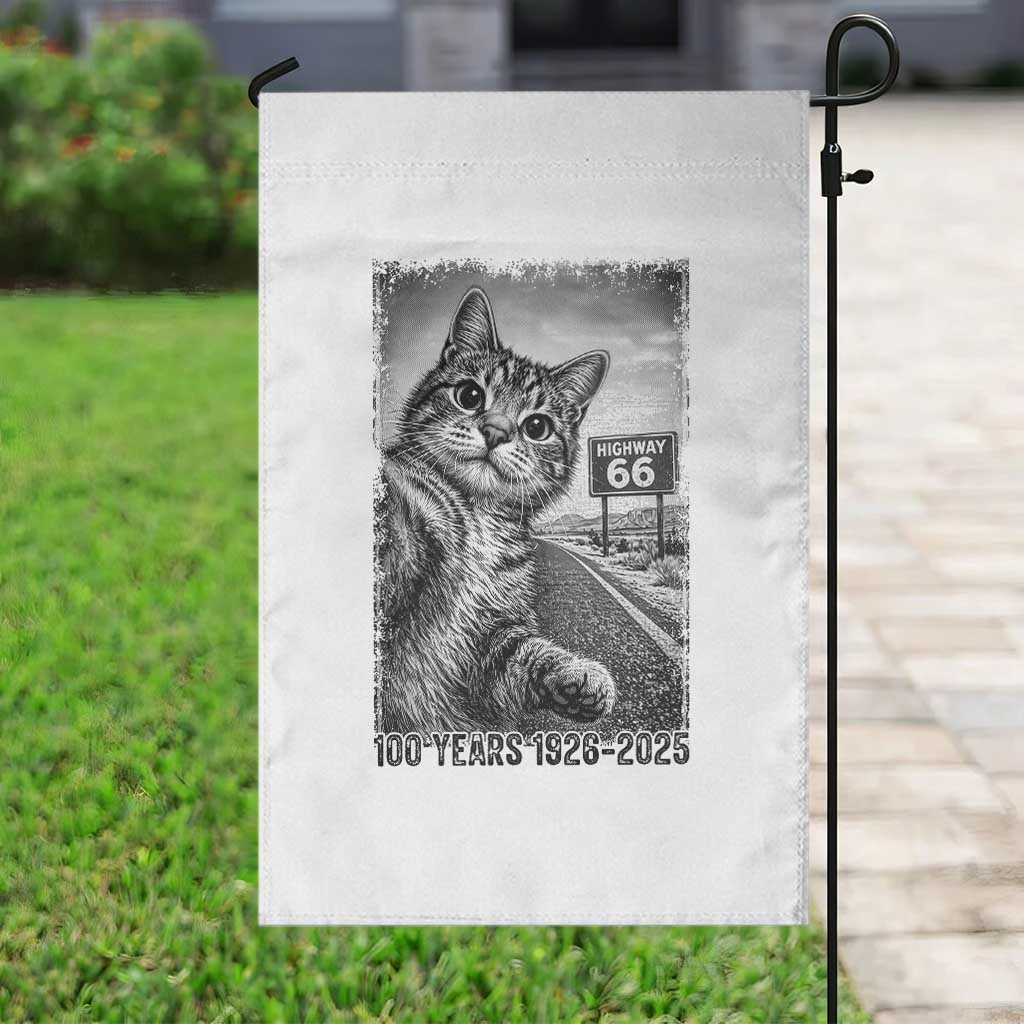 Funny Road Trip Cat Selfie with Highway 66 Garden Flag Centennial 1926-2026 Historic Highway Humor TS02 Print Your Wear