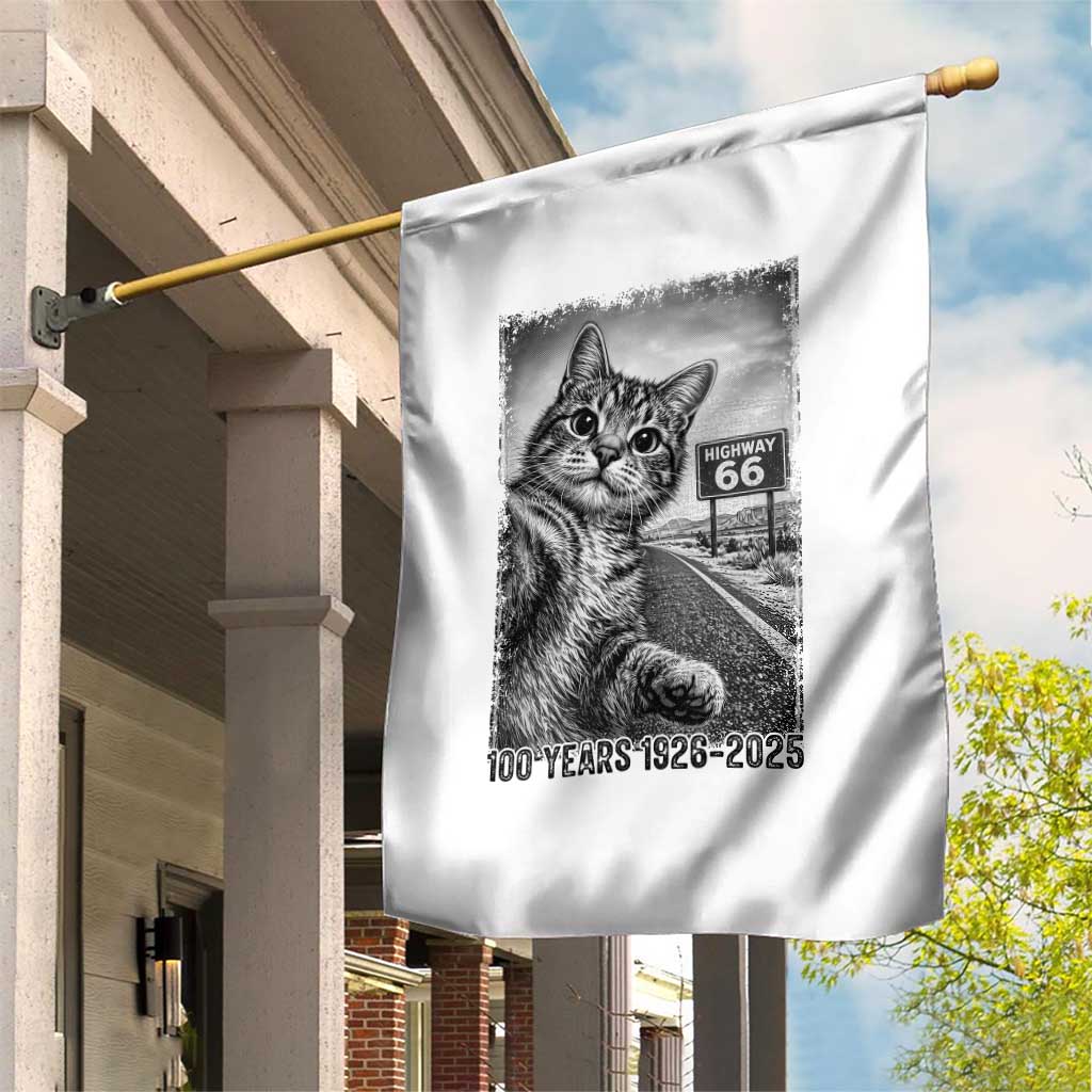 Funny Road Trip Cat Selfie with Highway 66 Garden Flag Centennial 1926-2026 Historic Highway Humor TS02 Print Your Wear
