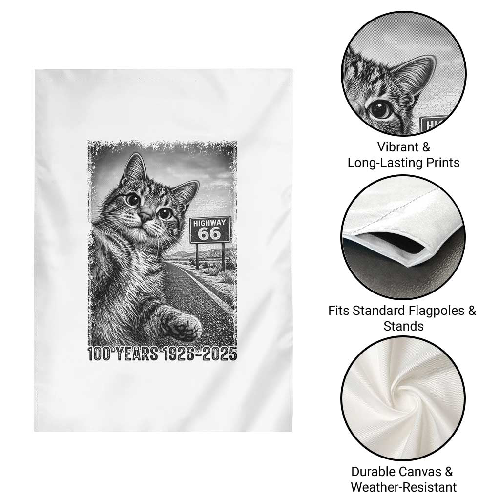 Funny Road Trip Cat Selfie with Highway 66 Garden Flag Centennial 1926-2026 Historic Highway Humor TS02 Print Your Wear