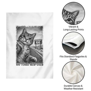 Funny Road Trip Cat Selfie with Highway 66 Garden Flag Centennial 1926-2026 Historic Highway Humor TS02 Print Your Wear