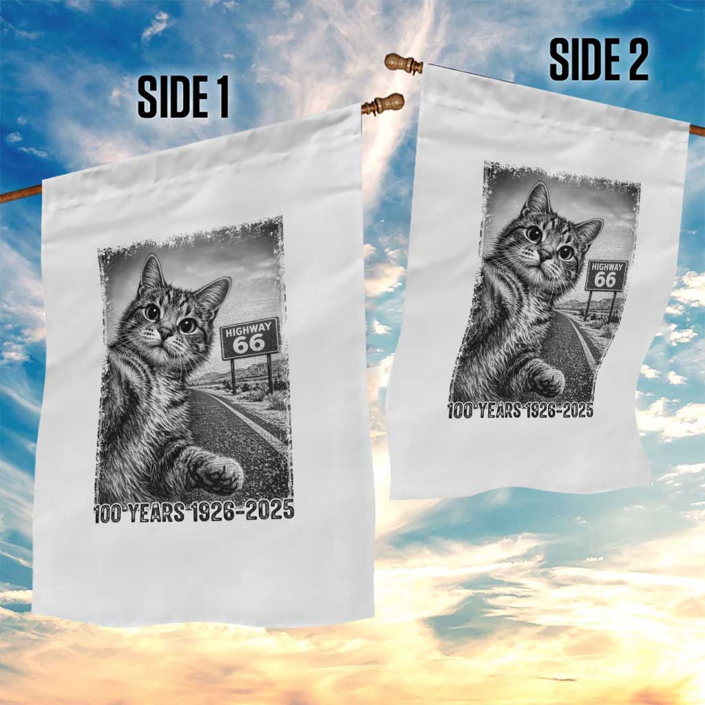 Funny Road Trip Cat Selfie with Highway 66 Garden Flag Centennial 1926-2026 Historic Highway Humor TS02 Print Your Wear