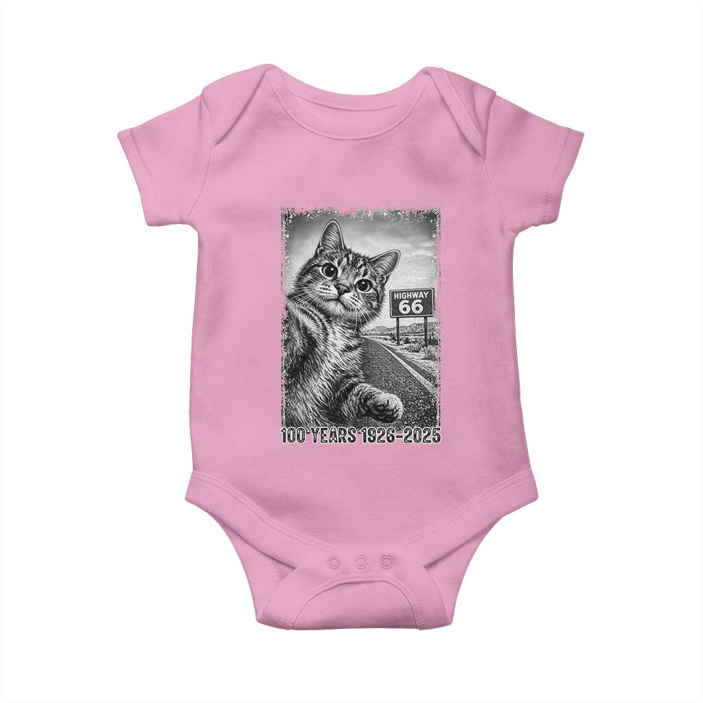 Funny Road Trip Cat Selfie with Highway 66 Baby Onesie Centennial 1926-2026 Historic Highway Humor TS02 Light Pink Print Your Wear
