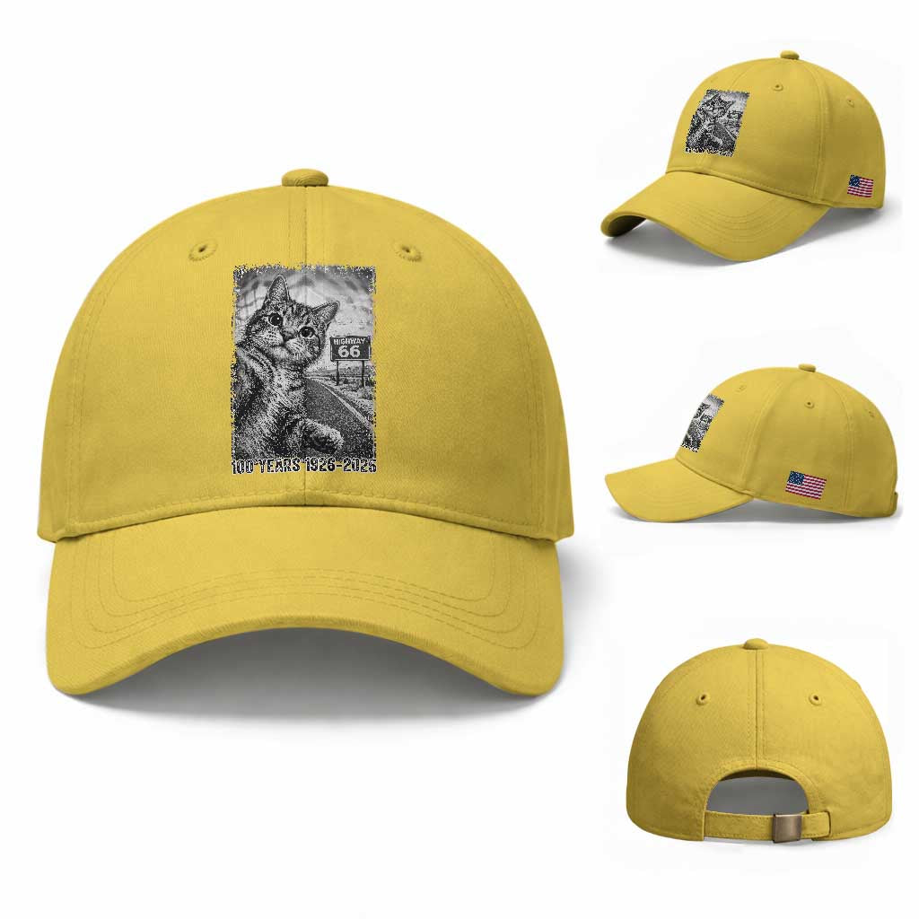 Funny Road Trip Cat Selfie with Highway 66 Baseball Cap Centennial 1926-2026 Historic Highway Humor TS02 Baseball Cap Universal Fit Yellow Print Your Wear