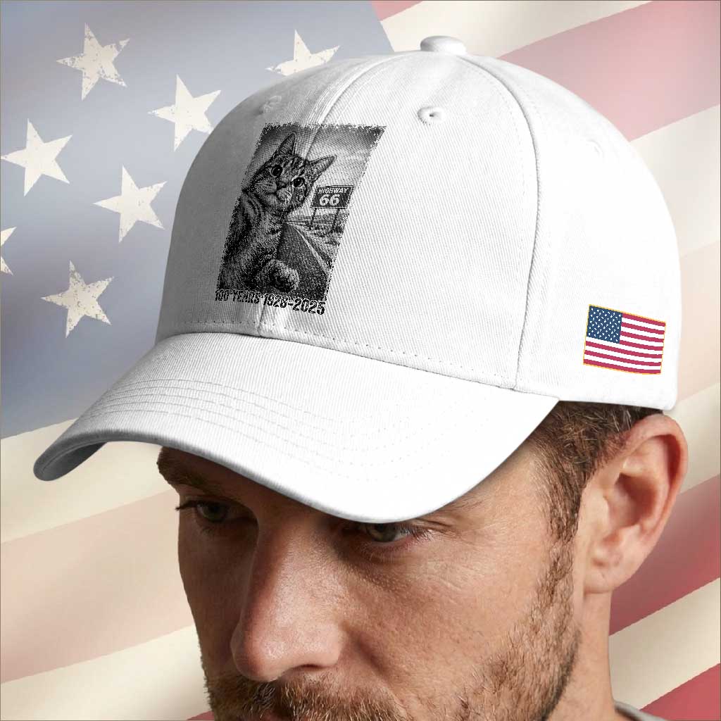 Funny Road Trip Cat Selfie with Highway 66 Baseball Cap Centennial 1926-2026 Historic Highway Humor TS02 Print Your Wear