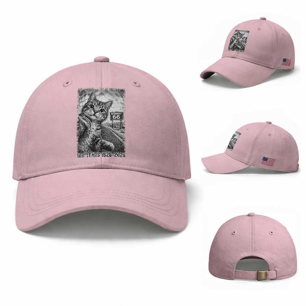 Funny Road Trip Cat Selfie with Highway 66 Baseball Cap Centennial 1926-2026 Historic Highway Humor TS02 Baseball Cap Universal Fit Light Pink Print Your Wear