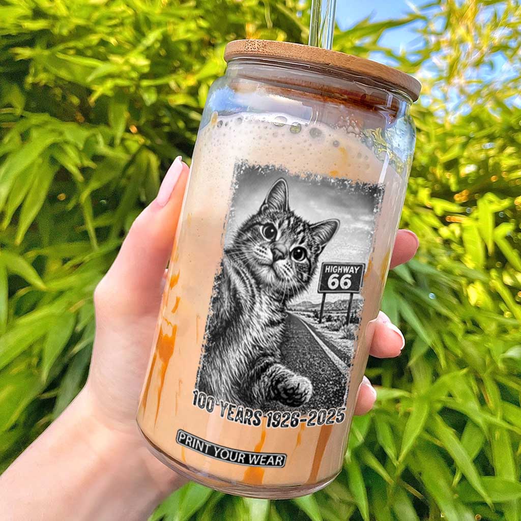 Funny Road Trip Cat Selfie with Highway 66 Glass Can Centennial 1926-2026 Historic Highway Humor TS02 White Print Your Wear