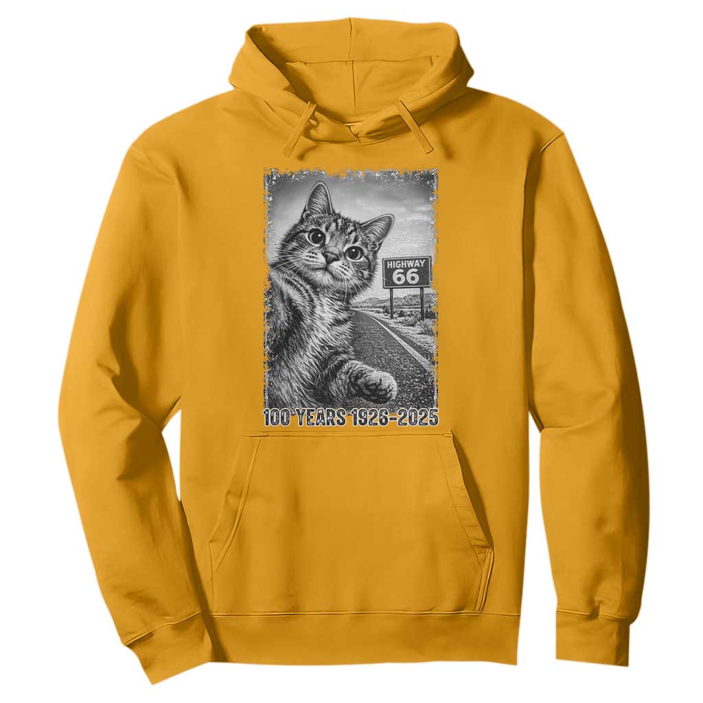 Funny Road Trip Cat Selfie with Highway 66 Hoodie Centennial 1926-2026 Historic Highway Humor TS02 Gold Print Your Wear