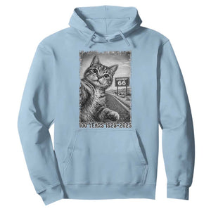Funny Road Trip Cat Selfie with Highway 66 Hoodie Centennial 1926-2026 Historic Highway Humor TS02 Light Blue Print Your Wear