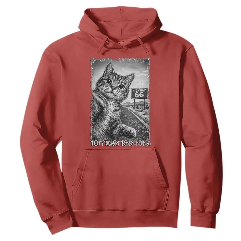 Funny Road Trip Cat Selfie with Highway 66 Hoodie Centennial 1926-2026 Historic Highway Humor TS02 Red Print Your Wear