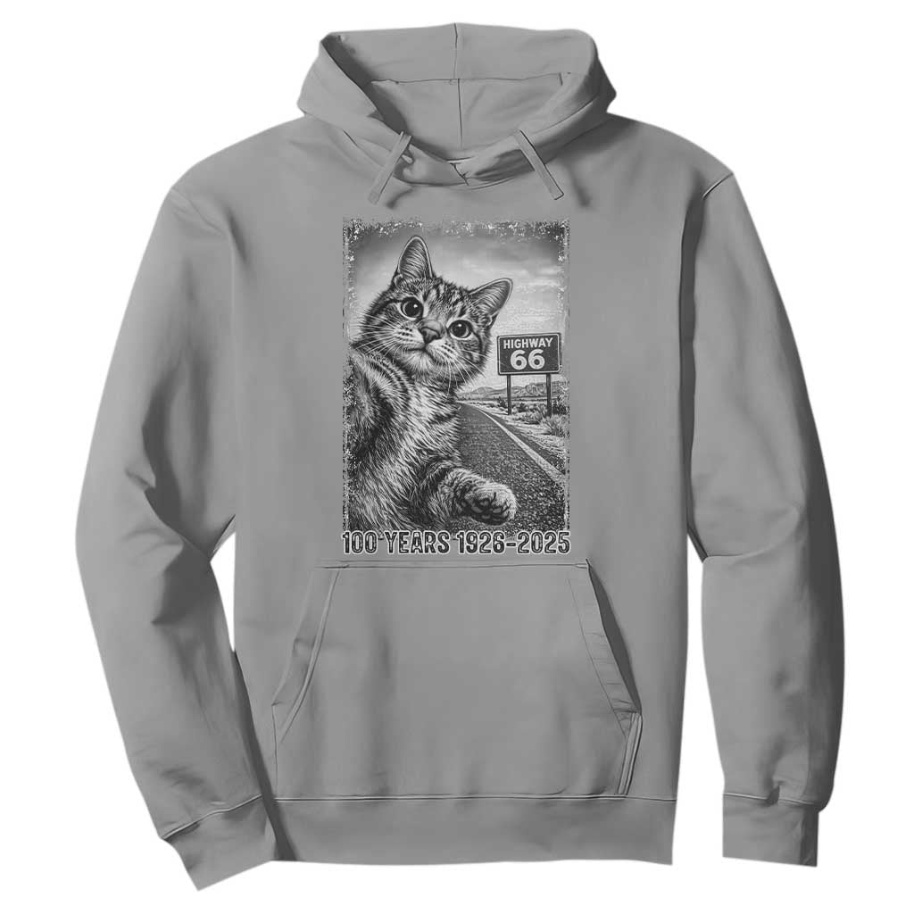 Funny Road Trip Cat Selfie with Highway 66 Hoodie Centennial 1926-2026 Historic Highway Humor TS02 Sport Gray Print Your Wear