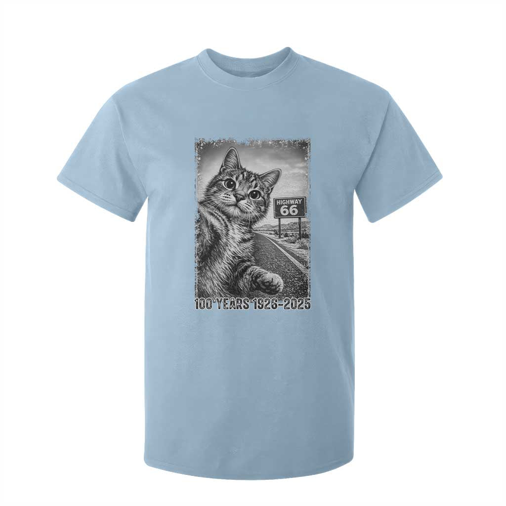 Funny Road Trip Cat Selfie with Highway 66 T Shirt For Kid Centennial 1926-2026 Historic Highway Humor TS02 Light Blue Print Your Wear
