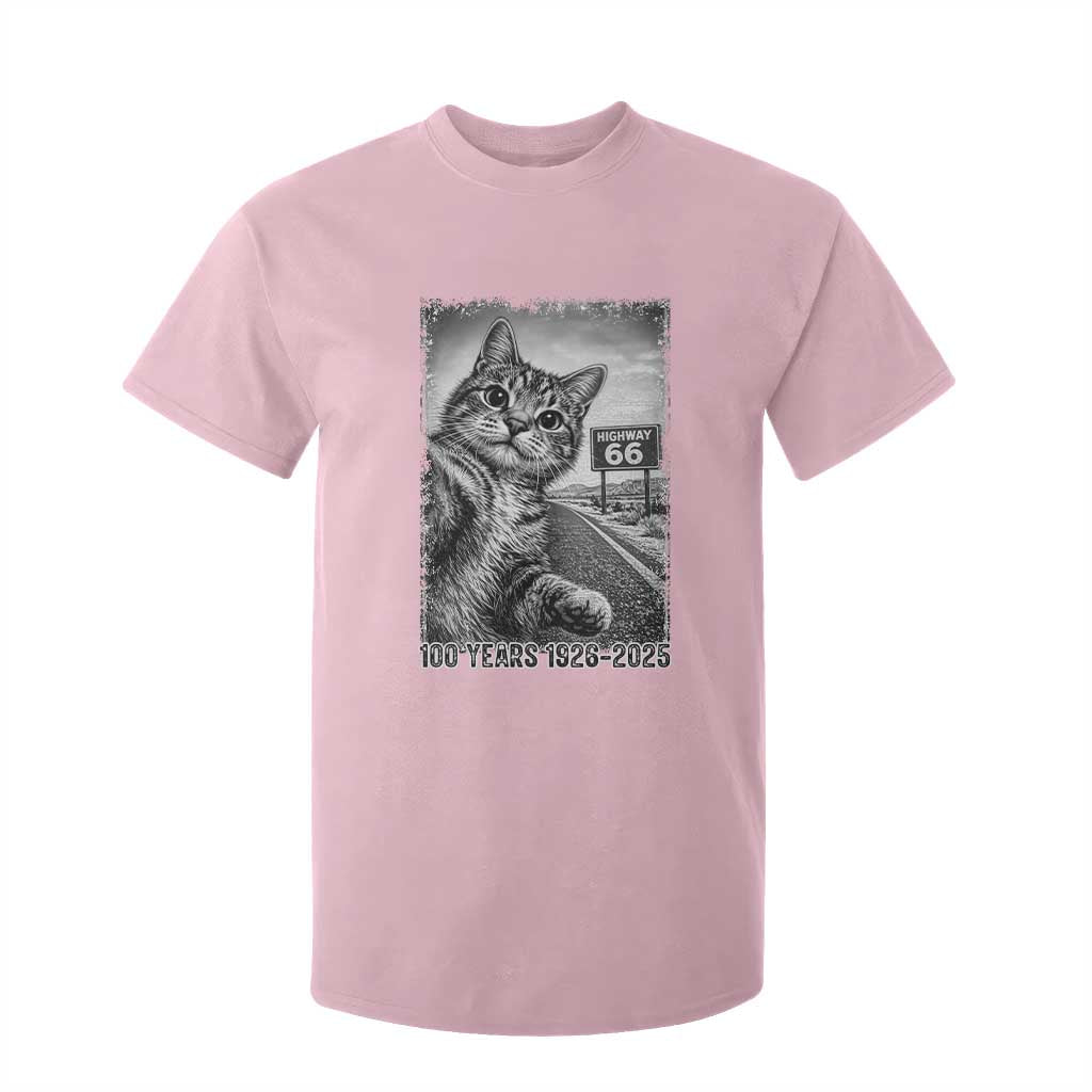 Funny Road Trip Cat Selfie with Highway 66 T Shirt For Kid Centennial 1926-2026 Historic Highway Humor TS02 Light Pink Print Your Wear