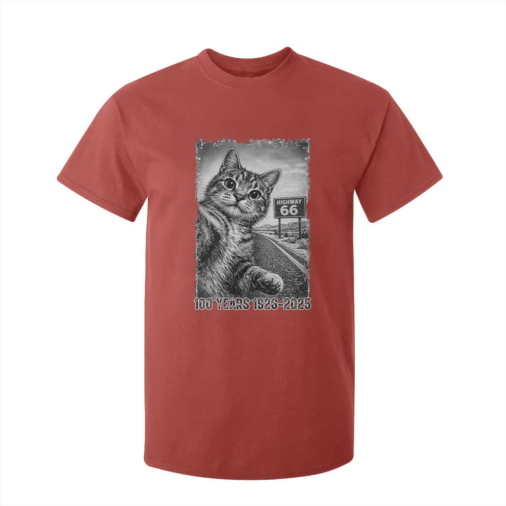 Funny Road Trip Cat Selfie with Highway 66 T Shirt For Kid Centennial 1926-2026 Historic Highway Humor TS02 Red Print Your Wear