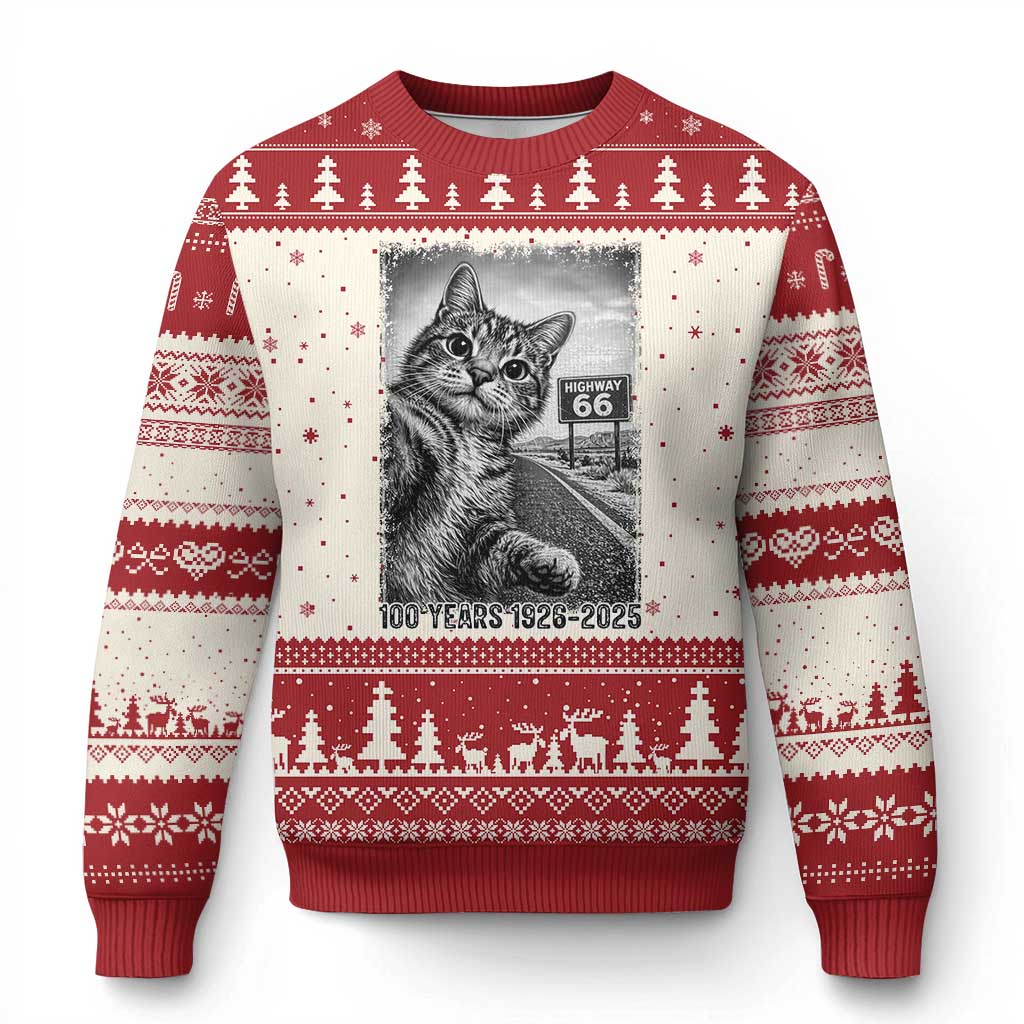 Funny Road Trip Cat Selfie with Highway 66 Ugly Christmas Sweater Centennial 1926-2026 Historic Highway Humor TS02 Beige Red Print Your Wear