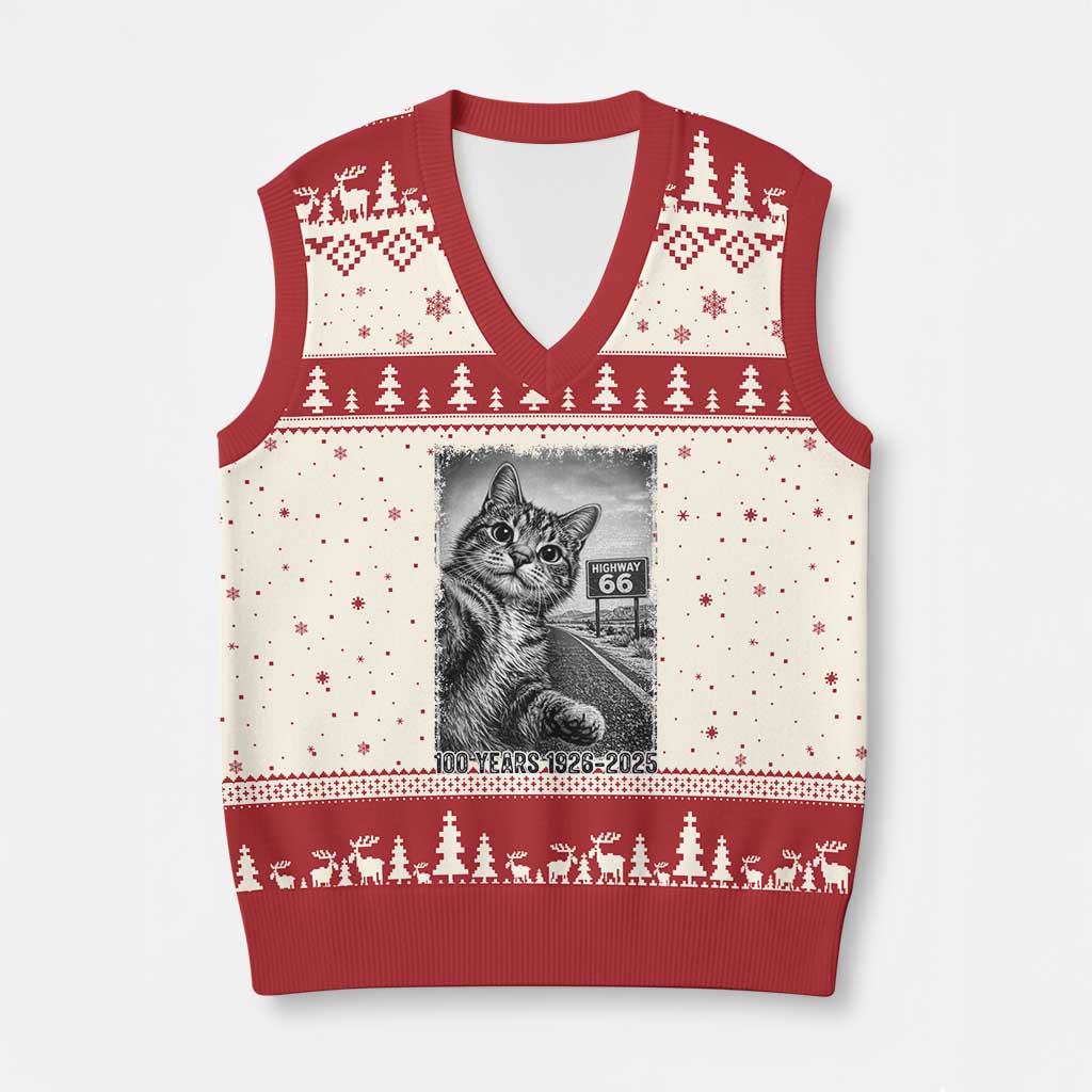 Funny Road Trip Cat Selfie with Highway 66 V-Neck Knit Sweater Vest Centennial 1926-2026 Historic Highway Humor TS02 Beige Red Print Your Wear