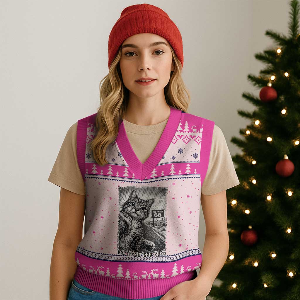 Funny Road Trip Cat Selfie with Highway 66 V-Neck Knit Sweater Vest Centennial 1926-2026 Historic Highway Humor TS02 Hot Pink Print Your Wear