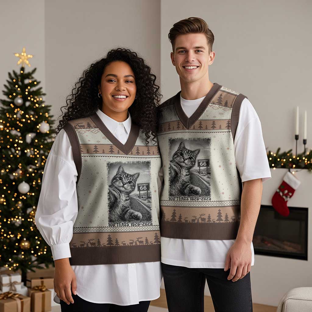 Funny Road Trip Cat Selfie with Highway 66 V-Neck Knit Sweater Vest Centennial 1926-2026 Historic Highway Humor TS02 Mocha Mousse Print Your Wear