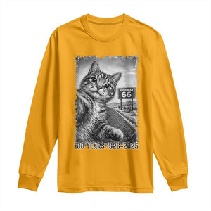 Funny Road Trip Cat Selfie with Highway 66 Long Sleeve Shirt Centennial 1926-2026 Historic Highway Humor TS02 Gold Print Your Wear