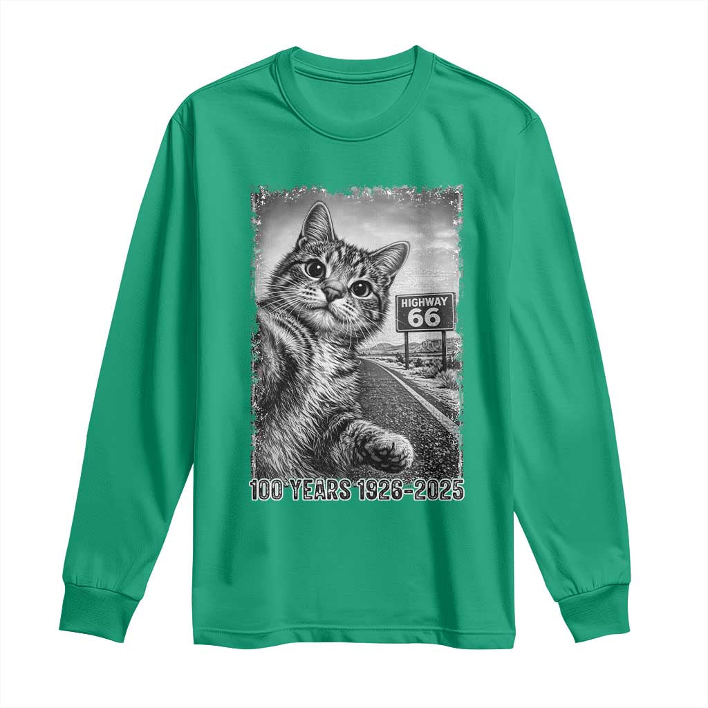 Funny Road Trip Cat Selfie with Highway 66 Long Sleeve Shirt Centennial 1926-2026 Historic Highway Humor TS02 Irish Green Print Your Wear