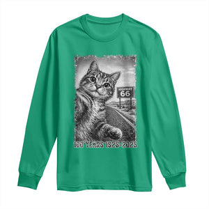 Funny Road Trip Cat Selfie with Highway 66 Long Sleeve Shirt Centennial 1926-2026 Historic Highway Humor TS02 Irish Green Print Your Wear