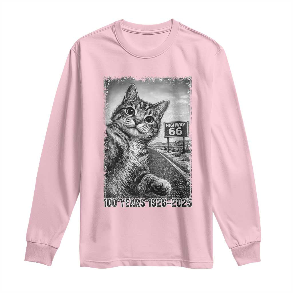 Funny Road Trip Cat Selfie with Highway 66 Long Sleeve Shirt Centennial 1926-2026 Historic Highway Humor TS02 Light Pink Print Your Wear