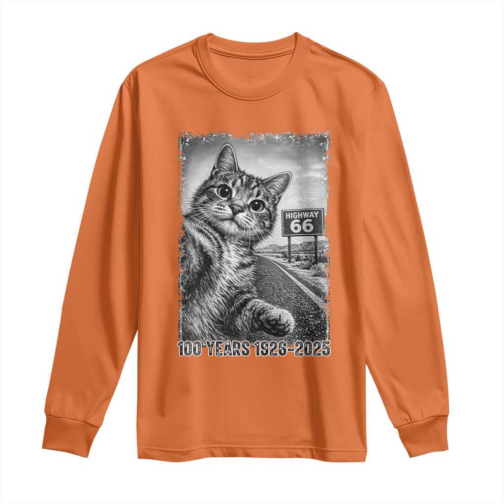 Funny Road Trip Cat Selfie with Highway 66 Long Sleeve Shirt Centennial 1926-2026 Historic Highway Humor TS02 Orange Print Your Wear