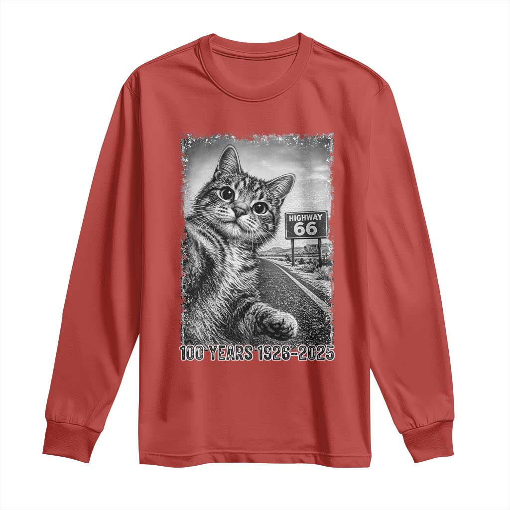 Funny Road Trip Cat Selfie with Highway 66 Long Sleeve Shirt Centennial 1926-2026 Historic Highway Humor TS02 Red Print Your Wear