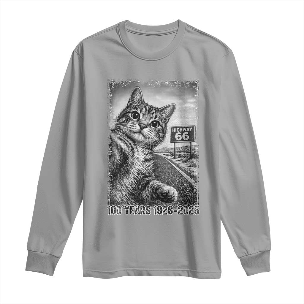Funny Road Trip Cat Selfie with Highway 66 Long Sleeve Shirt Centennial 1926-2026 Historic Highway Humor TS02 Sport Gray Print Your Wear