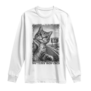 Funny Road Trip Cat Selfie with Highway 66 Long Sleeve Shirt Centennial 1926-2026 Historic Highway Humor TS02 White Print Your Wear