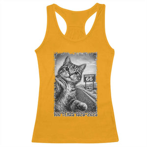 Funny Road Trip Cat Selfie with Highway 66 Racerback Tank Top Centennial 1926-2026 Historic Highway Humor TS02 Gold Print Your Wear