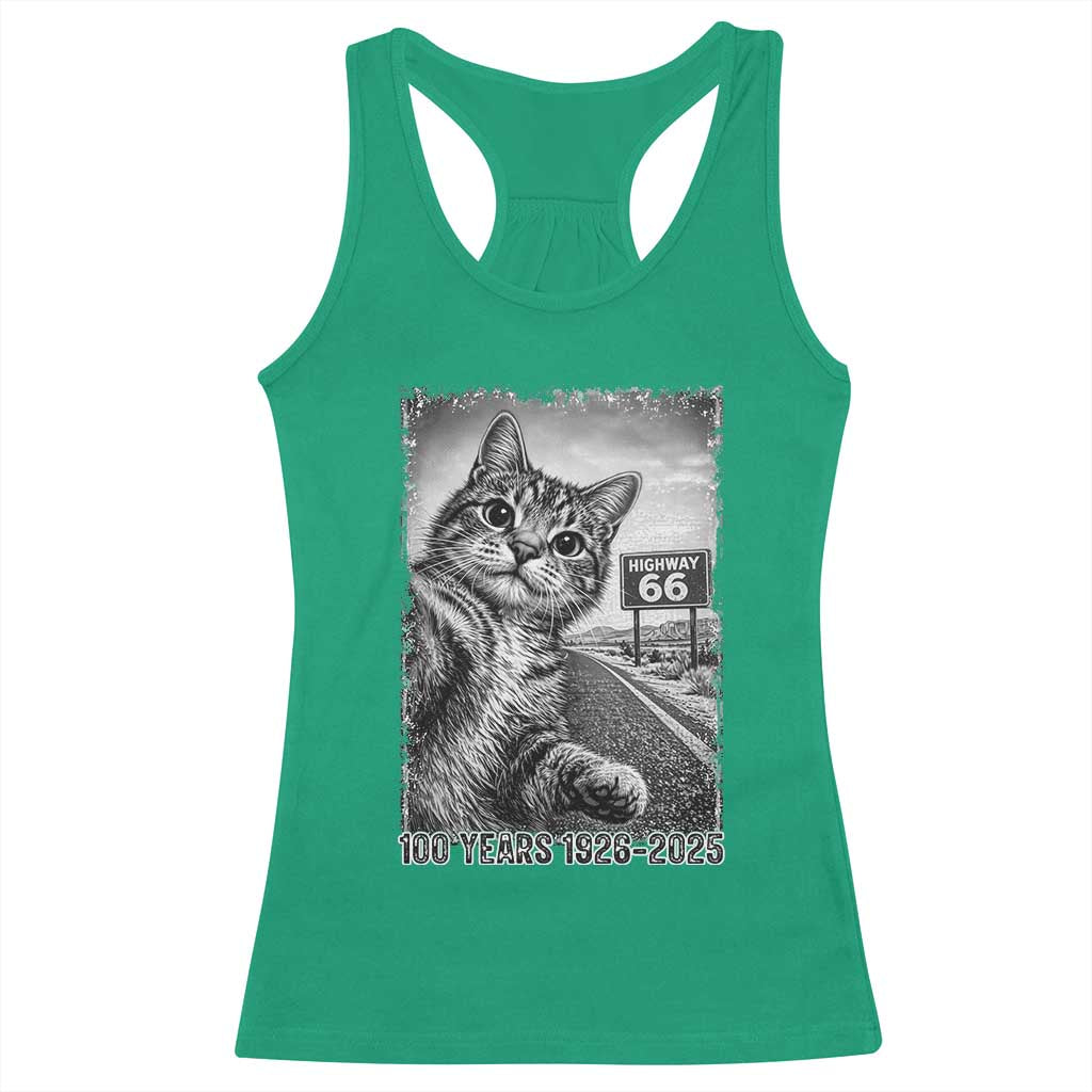 Funny Road Trip Cat Selfie with Highway 66 Racerback Tank Top Centennial 1926-2026 Historic Highway Humor TS02 Irish Green Print Your Wear