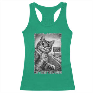 Funny Road Trip Cat Selfie with Highway 66 Racerback Tank Top Centennial 1926-2026 Historic Highway Humor TS02 Irish Green Print Your Wear