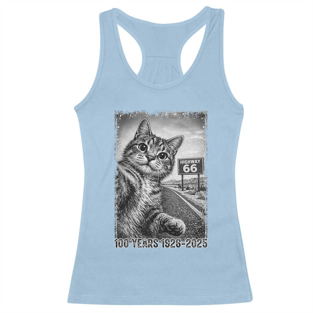Funny Road Trip Cat Selfie with Highway 66 Racerback Tank Top Centennial 1926-2026 Historic Highway Humor TS02 Light Blue Print Your Wear