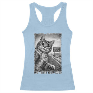Funny Road Trip Cat Selfie with Highway 66 Racerback Tank Top Centennial 1926-2026 Historic Highway Humor TS02 Light Blue Print Your Wear