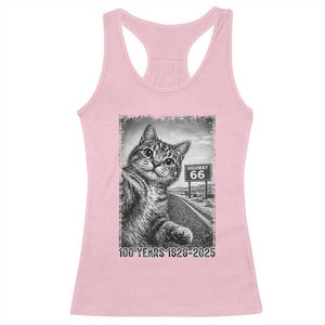 Funny Road Trip Cat Selfie with Highway 66 Racerback Tank Top Centennial 1926-2026 Historic Highway Humor TS02 Light Pink Print Your Wear