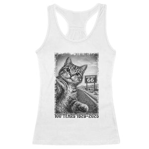 Funny Road Trip Cat Selfie with Highway 66 Racerback Tank Top Centennial 1926-2026 Historic Highway Humor TS02 White Print Your Wear