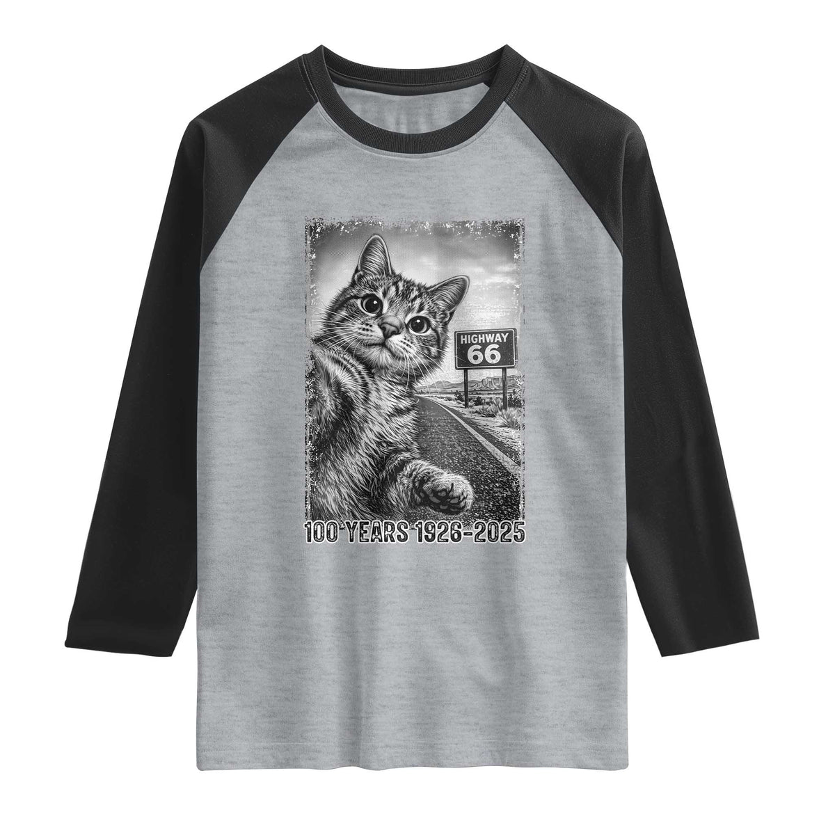 Funny Road Trip Cat Selfie with Highway 66 Raglan Shirt Centennial 1926-2026 Historic Highway Humor TS02 Heather Gray Black Print Your Wear