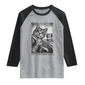 Funny Road Trip Cat Selfie with Highway 66 Raglan Shirt Centennial 1926-2026 Historic Highway Humor TS02 Heather Gray Black Print Your Wear