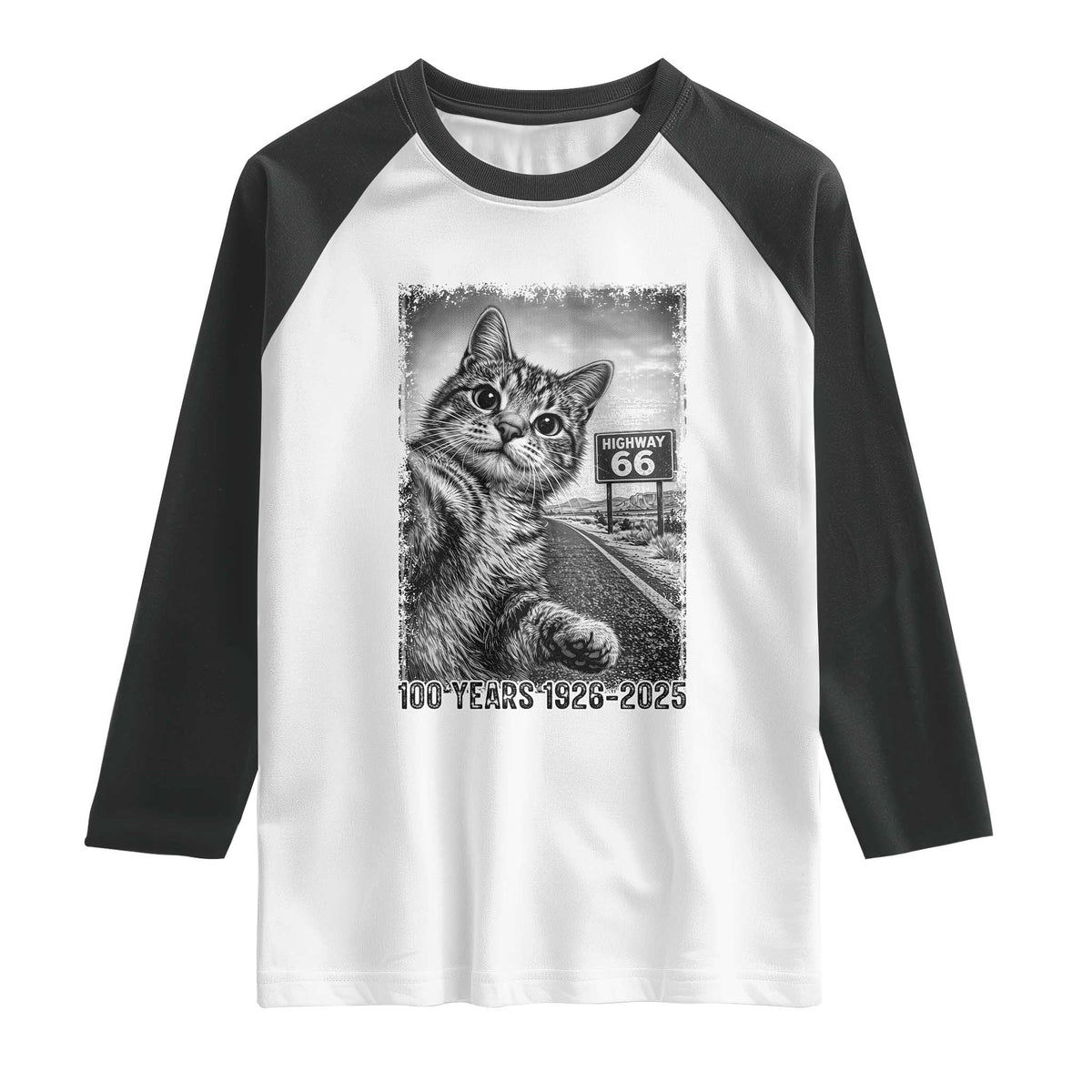 Funny Road Trip Cat Selfie with Highway 66 Raglan Shirt Centennial 1926-2026 Historic Highway Humor TS02 White Black Print Your Wear