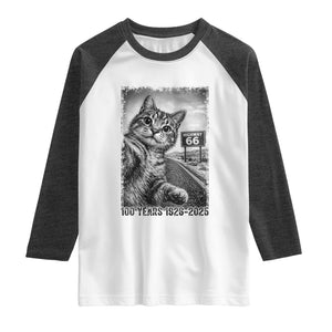Funny Road Trip Cat Selfie with Highway 66 Raglan Shirt Centennial 1926-2026 Historic Highway Humor TS02 White Heather Charcoal Print Your Wear