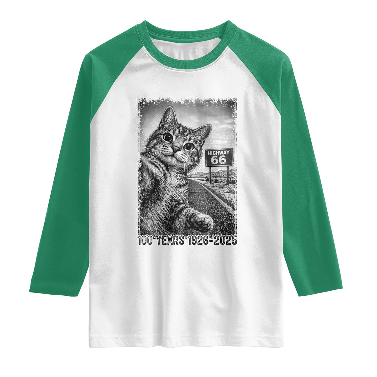 Funny Road Trip Cat Selfie with Highway 66 Raglan Shirt Centennial 1926-2026 Historic Highway Humor TS02 White Kelly Green Print Your Wear