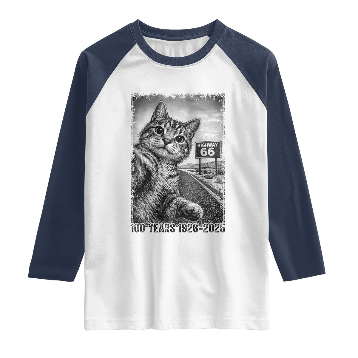 Funny Road Trip Cat Selfie with Highway 66 Raglan Shirt Centennial 1926-2026 Historic Highway Humor TS02 White Navy Print Your Wear